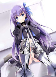 Rule 34 | 10s, 1boy, 1girl, armor, armored boots, black coat, blue eyes, blue ribbon, blush, boots, coat, commentary request, crotch plate, fate/extra, fate/extra ccc, fate/grand order, fate (series), fujimaru ritsuka (male), hair ribbon, hands in opposite sleeves, juliet sleeves, kiki (koikuchikinako), long hair, long sleeves, looking at viewer, maebari, meltryllis (fate), puffy sleeves, purple hair, ribbon, sitting, sleeves past wrists, spikes, very long hair