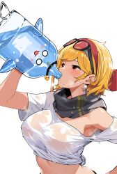 Rule 34 | 1girl, armpits, blonde hair, bottle, drinking, earrings, eyewear on head, galon (kaela kovalskia), highres, hololive, hololive indonesia, jewelry, kaela kovalskia, midriff, popo (popo0cat), red eyes, scarf, see-through, see-through shirt, shirt, simple background, solo, steam, steaming body, sunglasses, sweat, sweaty clothes, tied shirt, upper body, virtual youtuber, water, water bottle, wet, wet clothes, white background, white shirt
