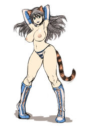 Rule 34 | 1girl, animal ears, armpits, arms behind head, black hair, bokkori, boots, breasts, cat ears, cat girl, cat tail, elbow gloves, female focus, flat color, full body, gloves, green eyes, large breasts, navel, nipples, open mouth, panties, sketch, solo, standing, tail, thick thighs, thighhighs, thighs, underwear, white background