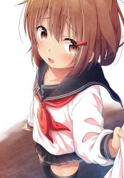 Rule 34 | 1boy, 1girl, admiral (kancolle), badge, black thighhighs, brown eyes, brown hair, fang, from above, hair ornament, hairclip, highres, ikazuchi (kancolle), jabittoson, kantai collection, long sleeves, looking at viewer, neckerchief, open mouth, pleated skirt, red neckerchief, school uniform, serafuku, short hair, skirt, solo focus, thighhighs