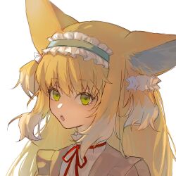 Rule 34 | 1girl, :o, absurdres, animal ear fluff, animal ears, arknights, blonde hair, blue hairband, brown jacket, commentary request, fox ears, frilled hairband, frills, green eyes, hair between eyes, hairband, highres, jacket, long hair, multicolored hair, neck ribbon, parted lips, red ribbon, ribbon, shirt, simple background, solo, suzuran (arknights), suzuran (spring praise) (arknights), teeth, two-tone hair, two side up, upper body, upper teeth only, white background, white hair, white shirt, yanwuyouzaizuoshenme