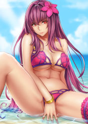Rule 34 | 1girl, alternate costume, bare arms, bare legs, bare shoulders, between legs, bikini, bracelet, breasts, cleavage, closed mouth, expressionless, fate/grand order, fate (series), flower, hair flower, hair ornament, hand between legs, heart, hibiscus, horizon, jewelry, large breasts, bridal garter, long hair, lontong, looking at viewer, navel, ocean, pink bikini, purple hair, red eyes, scathach (fate), scathach (fate), scathach (swimsuit assassin) (fate), sitting, solo, swimsuit, underboob, very long hair, water