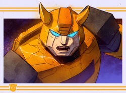 Rule 34 | angry, autobot, blue eyes, bumblebee (transformers), commentary, damaged, dave rapoza, emblem, english commentary, glowing, glowing eyes, horns, insignia, looking at viewer, mecha, no humans, portrait, robot, science fiction, shouting, star (symbol), starry background, teeth, transformers, transformers: generation 1, upper body, western comics (style)