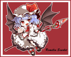 Rule 34 | 1girl, ascot, bat wings, blue hair, chain, character name, chibi, dnk, fang, female focus, hat, open mouth, polearm, red background, red eyes, remilia scarlet, short hair, solo, spear, touhou, weapon, wings