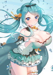 Rule 34 | 1girl, ahoge, aqua hair, bare shoulders, black bow, blue eyes, blush, bow, breasts, bubble, cleavage, closed mouth, cowboy shot, detached collar, detached sleeves, flower knight girl, hair bow, hair ornament, huge breasts, isogiku (flower knight girl), kusumoto miya, large breasts, layered skirt, long hair, looking at viewer, shoes, skirt, smile, solo, thighlet, twintails, water, white sleeves, yellow bow