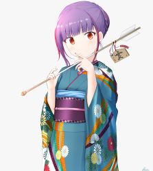 Rule 34 | 1girl, arrow (projectile), basa rutan, blue kimono, blunt bangs, blush, braid, closed mouth, commentary request, earrings, ema, fingernails, floral print, grey background, hamaya, head tilt, highres, holding, holding arrow, japanese clothes, jewelry, kimono, long sleeves, multicolored hair, nail polish, obi, original, print kimono, purple hair, purple nails, red eyes, red hair, sash, sidelocks, signature, simple background, smile, solo, streaked hair, v-shaped eyebrows, wide sleeves