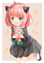 Rule 34 | 1girl, :d, ahoge, anya (spy x family), black dress, black footwear, blush, bobby socks, brown background, child, commentary request, dress, green eyes, heart, highres, hugging object, long sleeves, open mouth, peanut, pink hair, shoes, smile, socks, solo, spy x family, stuffed animal, stuffed toy, two-tone background, white background, white socks, xenon (for achieve)
