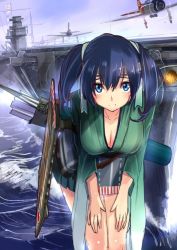 Rule 34 | 10s, 1girl, aircraft, aircraft carrier, airplane, akasaai, arrow (projectile), blue eyes, blue hair, blush, bowing, breasts, cleavage, hair ribbon, historical name connection, japanese clothes, kantai collection, large breasts, leaning forward, looking at viewer, matching hair/eyes, military, military vehicle, name connection, object namesake, quill, ribbon, ship, short hair, skirt, smile, solo, souryuu (kancolle), twintails, warship, watercraft