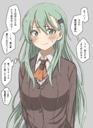 Rule 34 | 1girl, ascot, blazer, breasts, brown jacket, commentary request, green eyes, green hair, grey background, hair ornament, hairclip, highres, jacket, kantai collection, kirisaki seeker, large breasts, long hair, looking at viewer, orange ascot, school uniform, simple background, solo, suzuya (kancolle), translation request, upper body