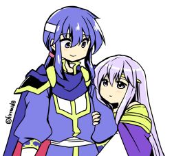 Rule 34 | 1boy, 1girl, blue cape, blue hair, brother and sister, cape, circlet, dress, fire emblem, fire emblem: genealogy of the holy war, headband, holding, holding another&#039;s arm, julia (fire emblem), long hair, looking at another, nintendo, open mouth, ponytail, purple cape, purple eyes, purple hair, seliph (fire emblem), siblings, simple background, smile, white headband, yukia (firstaid0)