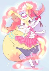 Rule 34 | amezawa koma, animal ear fluff, bow, bowtie, braixen, clothed pokemon, creatures (company), furry, game freak, gen 6 pokemon, hat, holding, holding wand, looking at viewer, nintendo, pink bow, pink bowtie, pink skirt, pokemon, pokemon (creature), puffy pants, red bow, skirt, smile, solo, wand