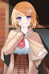 Rule 34 | 1girl, absurdres, bakedmonogamy, blonde hair, blue eyes, blush, bob cut, brown capelet, brown coat, brown skirt, capelet, coat, collared shirt, detective, hair ornament, high-waist skirt, highres, hololive, hololive english, long sleeves, looking at viewer, mustache print, necktie, plaid, plaid skirt, pleated skirt, red necktie, shirt, short hair, short necktie, skirt, solo, virtual youtuber, watson amelia, white shirt