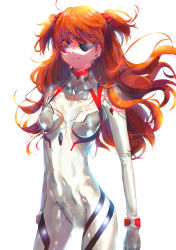 Rule 34 | 1girl, absurdres, artist request, blue eyes, breasts, brown hair, curvy, evangelion: 3.0+1.0 thrice upon a time, eyepatch, hair between eyes, hair ornament, hand on own hip, highres, long hair, looking at viewer, medium breasts, neon genesis evangelion, plugsuit, rebuild of evangelion, shiny clothes, simple background, solo, souryuu asuka langley, standing, twintails, white background