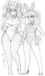 Rule 34 | 2girls, animal ears, bare shoulders, bow, breasts, cleavage, covered navel, creatures (company), detached collar, fake animal ears, fishnet pantyhose, fishnets, game freak, greyscale, hair ribbon, high heels, highres, koutarosu, large breasts, leotard, long hair, may (pokemon), may (pokemon oras), medium breasts, monochrome, multiple girls, nintendo, open mouth, pantyhose, playboy bunny, pokemon, pokemon oras, pokemon sm, rabbit ears, rabbit tail, ribbon, short hair, smile, star (symbol), tail, white background, wicke (pokemon), wrist cuffs