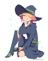 Rule 34 | 1girl, amanda o&#039;neill, arikindows10, green eyes, hat, highres, little witch academia, looking at viewer, multicolored hair, orange hair, red hair, robe, shirt, short hair, sitting, skirt, solo, two-tone hair, white background, witch hat