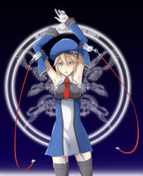 Rule 34 | 1girl, arc system works, armpits, arms up, beret, blazblue, blonde hair, breasts, detached sleeves, female focus, gloves, gradient background, green eyes, hat, mal (pixiv), necktie, noel vermillion, red ribbon, ribbon, short hair, solo, thighhighs, uniform