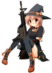 Rule 34 | 1girl, ankle lace-up, assault rifle, blush, bullet, cross-laced footwear, gun, hat, highres, long hair, m4 carbine, magazine (weapon), original, ribbon, rifle, solo, taroimo, thighhighs, weapon, witch, witch hat