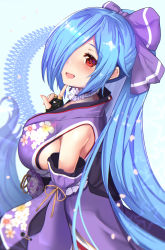 Rule 34 | .live, 1girl, black gloves, blue hair, blush, bow, breasts, collar, commentary, detached sleeves, fingerless gloves, frilled collar, frills, from side, gloves, hair bow, hair over one eye, high ponytail, index finger raised, japanese clothes, kimono, large breasts, long hair, looking at viewer, obi, open mouth, ponytail, purple bow, purple kimono, red eyes, sash, sideboob, simple background, smile, solo, untue, upper body, very long hair, virtual youtuber, yamato iori