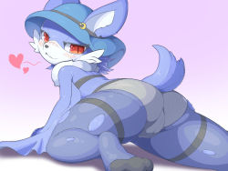 Rule 34 | 1girl, ass, blue hair, dog, female focus, furry, furry female, gradient background, hat, highres, pata, red eyes, solo, white background
