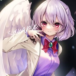 Rule 34 | 1girl, black background, blush, bow, bowtie, breasts, brooch, brown jacket, collared shirt, feathered wings, glowing, green brooch, grey hair, hand up, highres, jacket, jewelry, jpeg artifacts, kishin sagume, light smile, looking ahead, medium breasts, moni monico, pink nails, purple eyes, purple shirt, red bow, sample watermark, shirt, short hair, simple background, single wing, solo, touhou, upper body, watermark, wings