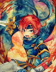 Rule 34 | armor, blue eyes, cape, fire, fire emblem, fire emblem: the binding blade, highres, holding, holding sword, holding weapon, looking at viewer, male focus, nintendo, open mouth, pauldrons, red hair, roy (fire emblem), shoulder armor, sword, weapon, yataba