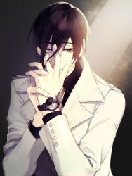 Rule 34 | 1boy, black eyes, black hair, black shirt, buttons, byakuya0315, coat, collar, collared coat, collared shirt, glasses, hair between eyes, hand on hand, hand to own mouth, heterochromia, long sleeves, looking at viewer, male focus, necktie, original, own hands together, parted lips, round eyewear, shirt, short hair, solo, upper body, watch, white coat, white eyes, wristwatch