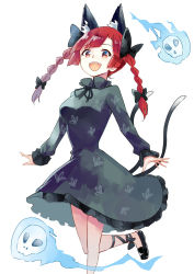 Rule 34 | 1girl, animal ears, ankle bow, ankle ribbon, black bow, black footwear, blue fire, bow, braid, cat ears, cat tail, deetamu, dress, extra ears, fangs, fire, flaming skull, foot out of frame, green dress, hair bow, highres, kaenbyou rin, leg ribbon, leg up, looking at viewer, multiple tails, neck ribbon, open mouth, red eyes, red hair, ribbon, shoes, simple background, skull, smile, tail, touhou, twin braids, two tails, white background