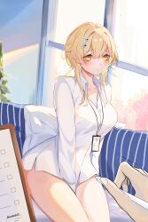 Rule 34 | 1girl, :&lt;, absurdres, arm behind back, artist name, between legs, blonde hair, breasts, cleavage, collar, couch, genshin impact, hair between eyes, hand between legs, highres, holding, holding pen, id card, lanyard, large breasts, long sleeves, looking at viewer, lumine (genshin impact), no pants, on couch, pen, pillow, shirt, short hair, sitting, thighs, unosaki2, white shirt, window, yellow eyes