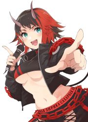 Rule 34 | 1girl, black hair, black jacket, black pants, black sports bra, blue eyes, blush, breasts, chain, commentary request, cowboy shot, cropped jacket, cross-laced pants, demon girl, demon horns, demon tail, ear chain, ear piercing, goten (510gensoku), highres, holding, holding microphone, horns, jacket, large breasts, looking at viewer, microphone, midriff, multicolored hair, nanashi inc., navel, open clothes, open jacket, open mouth, pants, piercing, pointing, pointing at viewer, pointy ears, red hair, red pants, red sports bra, russian text, ryugasaki rene, ryugasaki rene (1st costume), short hair, simple background, smile, solo, sports bra, sugar lyric, tail, transparent background, two-tone hair, two-tone pants, underboob, virtual youtuber, zipper