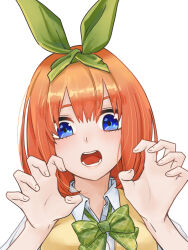 Rule 34 | 1girl, blue eyes, blush, bow, claw pose, close-up, collared shirt, commentary request, double-parted bangs, eyebrows hidden by hair, gao, go-toubun no hanayome, green bow, hair between eyes, hair ribbon, hands up, highres, looking at viewer, medium hair, nakano yotsuba, open mouth, orange hair, partial commentary, plaid, plaid bow, ribbon, school uniform, shirt, simple background, solo, straight hair, sweater vest, teeth, thino0203, white background, white shirt, yellow sweater vest