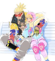 Rule 34 | 1boy, 1girl, abs, animification, apex legends, arm around shoulder, bailian, bandaid on stomach, blonde hair, blue eyes, blue hair, blue jacket, blush, bodysuit, brown eyes, chain, chest tattoo, cornrows, crypto (apex legends), facial scar, gold chain, highres, holding, holding tablet pc, hood, hooded jacket, hype beast crypto, jacket, kawaii voltage wattson, looking at viewer, looking down, navel, open mouth, pectorals, pink bodysuit, pink headwear, scar, scar on cheek, scar on face, smile, sunglasses, tablet pc, tattoo, wattson (apex legends), yellow jacket