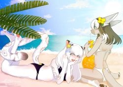 Rule 34 | 2girls, artist request, dog, furry, green eyes, highres, multiple girls, open mouth, snow leopard, swimsuit, white hair