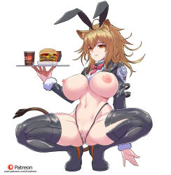 Rule 34 | 1girl, absurdres, animal ear fluff, animal ears, arknights, arm behind back, blonde hair, boots, bow, bowtie, breasts, burger, censored, cup, disposable cup, fake animal ears, female focus, food, full body, fur trim, gluteal fold, hair between eyes, hand up, highres, holding, holding tray, jacket, large breasts, leather, leather boots, leather jacket, lion ears, lion girl, lion tail, looking at viewer, medium hair, meme attire, mosaic censoring, navel, nipples, orange eyes, parted lips, patreon username, rabbit ears, red bow, red bowtie, reverse bunnysuit, reverse outfit, sidelocks, siege (arknights), simple background, solo, squatting, stomach, tail, thigh boots, thighhighs, toned, torahime (roland00), tray, white background, zipper pull tab