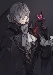 Rule 34 | 1boy, absurdres, antonio salieri (fate), antonio salieri (masquerade of the vampire) (fate), antonio salieri (second ascension) (fate), arm up, ascot, black gloves, brooch, bug, butterfly, butterfly on hand, closed mouth, earrings, erm (doubledream), fang, fang out, fate/grand order, fate (series), frilled sleeves, frills, gloves, grey hair, hair intakes, hair over one eye, half updo, highres, insect, jewelry, long sleeves, male focus, official alternate costume, pendant watch, red eyes, ring, short hair, smile, solo, white ascot
