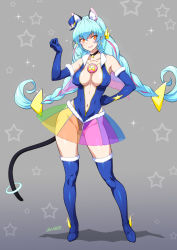 Rule 34 | 1girl, alternate breast size, animal ears, blue gloves, blue hair, blue thighhighs, braid, breasts, cat ears, cat tail, choker, cleavage, covered erect nipples, cure cosmo, earrings, elbow gloves, full body, gloves, high heels, jewelry, joy ride, large breasts, leotard, looking at viewer, medium breasts, navel, necklace, orange eyes, precure, see-through, see-through skirt, skirt, smile, solo, standing, star twinkle precure, tail, thighhighs, twin braids
