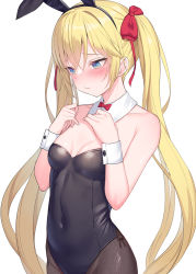 Rule 34 | 1girl, alexmaster, animal ears, armpit crease, bare arms, bare shoulders, black leotard, blonde hair, blue eyes, blush, bow, bowtie, breasts, brown pantyhose, closed mouth, collar, covered navel, cowboy shot, cross-laced clothes, detached collar, embarrassed, fake animal ears, hair bow, hands up, highleg, highleg leotard, hirakata kana, leotard, long hair, looking down, looking to the side, original, pantyhose, playboy bunny, rabbit ears, raised eyebrows, red bow, red bowtie, simple background, small breasts, solo, strapless, strapless leotard, twintails, white background, white collar, wrist cuffs