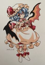 Rule 34 | 1girl, bat wings, black wings, blue hair, boots, bow, buttons, collar, commentary, dated, dot nose, dress, fingernails, footwear bow, frilled collar, frilled dress, frilled headwear, frills, full body, furiba 794, hair between eyes, hair over one eye, hands up, hat, hat bow, hat ribbon, high heels, highres, looking at viewer, medium hair, mob cap, one-hour drawing challenge, pink hat, print collar, puffy short sleeves, puffy sleeves, red bow, red eyes, red nails, red ribbon, red wings, remilia scarlet, ribbon, ribbon-trimmed skirt, ribbon-trimmed sleeves, ribbon trim, short hair, short sleeves, simple background, smile, solo, standing, striped, striped bow, striped collar, touhou, traditional media, waist bow, white background, white footwear, white stripes, wings, wrist cuffs