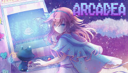 1girl aishin arcade_cabinet arcadea blue_capelet blue_eyes blue_ribbon brown_hair capelet cat copyright_name hair_flaps hair_ribbon long_hair maisie_(arcadea) official_art playing_games ribbon solo video_game