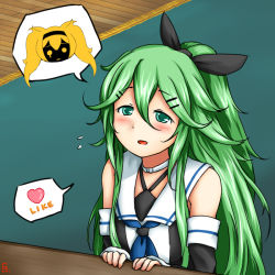Rule 34 | 2girls, :d, artist request, bare shoulders, blonde hair, blue neckerchief, blush, carpet, commentary request, detached sleeves, english text, flying sweatdrops, gambier bay (kancolle), green eyes, green hair, hair ribbon, hairband, heart, kantai collection, long hair, multiple girls, neckerchief, open mouth, ponytail, ribbon, signature, smile, spoken heart, tearing up, tears, twintails, yamakaze (kancolle)