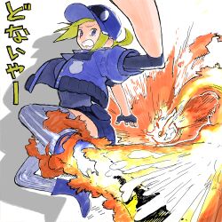 Rule 34 | absurdres, baseball cap, belt, belt pouch, blue belt, blue eyes, blue footwear, blue gloves, blue hat, blue jacket, blue shirt, blue shorts, blue thighhighs, boots, clenched teeth, commentary request, explosion, final fight, fingerless gloves, flame trail, flaming leg, floating hair, foreshortening, furrowed brow, gloves, grimace, gundam (vxrwvww), hat, highres, jacket, kicking, knee boots, long hair, looking at viewer, low ponytail, lucia morgan, midair, motion lines, open clothes, open jacket, pouch, puffy short sleeves, puffy sleeves, ribbed shirt, ribbed thighhighs, shadow, shirt, short shorts, short sleeves, shorts, sleeves past elbows, street fighter, street fighter v, teeth, thighhighs, translation request, undershirt, white background
