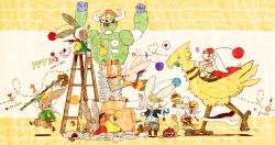 Rule 34 | beak, cake, carrying, chocobo, creature, falling, final fantasy, final fantasy tactics a2, final fantasy tactics advance, food, from side, full body, gurdy, highres, horne, hurdy, ladder, map, montblanc, moogle, nanahoshi, no humans, non-humanoid robot, nono (final fantasy), plate, pom pom (clothes), quill, robot, sitting, smile, sorbet (final fantasy), staff, talons, tripping, walking, writing