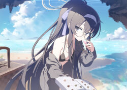 Rule 34 | 1girl, absurdres, beach, bikini, black bikini, black hair, blue archive, blue sky, blurry, book, bow, breasts, cardigan, cleavage, cloud, cloudy sky, collarbone, commentary request, depth of field, glasses, grey cardigan, hair between eyes, hair bow, hair ribbon, hairband, halo, highres, holding, holding book, jewelry, kaerunrun, leaning forward, long hair, long sleeves, looking at viewer, mountainous horizon, navel, necklace, ocean, official alternate costume, official alternate hairstyle, open cardigan, open clothes, outdoors, ponytail, purple eyes, ribbon, rolling suitcase, sidelocks, sky, sleeveless, small breasts, solo, spaghetti strap, stomach, suitcase, swimsuit, ui (blue archive), ui (swimsuit) (blue archive)