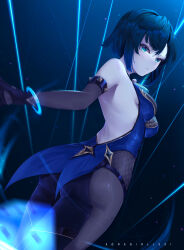 Rule 34 | 1girl, absurdres, armlet, artist name, ass, bare shoulders, black hair, blue hair, blurry, bob cut, bodysuit, bracelet, breasts, closed mouth, depth of field, dice, dutch angle, genshin impact, gloves, gradient hair, green eyes, highres, jewelry, looking at viewer, looking back, medium breasts, multicolored hair, short hair, solo, somegirllexi, spiked armlet, tassel, taut clothes, throwing, yelan (genshin impact)