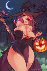 Rule 34 | 1girl, adapted costume, bare shoulders, breasts, bursting breasts, candy, chocolate, choker, cleavage, crescent moon, curvy, detached sleeves, dragon&#039;s crown, hair over one eye, halloween, hat, highres, huge breasts, jack-o&#039;-lantern, long hair, looking at viewer, messy, moon, nail polish, outdoors, patreon, pumpkin, red eyes, red hair, rtil, side slit, solo, sorceress (dragon&#039;s crown), staff, thick thighs, thighs, witch hat
