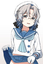 Rule 34 | 1girl, aqua neckerchief, blue hair, blue sailor collar, blue skirt, brown eyes, clothes lift, glasses, gloves, gradient background, gradient hair, grey hair, hair between eyes, hat, hirato (kancolle), kantai collection, lifted by self, long sleeves, looking at viewer, moti coi, multicolored hair, neckerchief, no panties, parted lips, pleated skirt, sailor collar, school uniform, serafuku, short hair, simple background, skirt, skirt lift, solo, white gloves, white hat