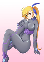 Rule 34 | 00s, 1girl, aged up, arm support, blonde hair, blush, bodysuit, breast press, breasts, covered navel, green eyes, hair ribbon, heterochromia, hugging own legs, impossible clothes, large breasts, legs, long hair, lyrical nanoha, mahou shoujo lyrical nanoha strikers, red eyes, ribbon, sakura yuu, side ponytail, simple background, sitting, skin tight, solo, thighs, very long hair, vivio