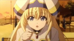 Rule 34 | 10s, 1girl, animated, animated gif, blonde hair, blue eyes, blush, food, goblin slayer!, hat, ice cream, open mouth, priestess (goblin slayer!), solo, sparkling eyes, spoon