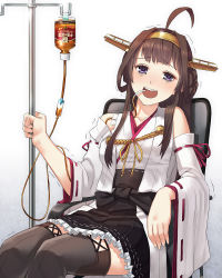 Rule 34 | 1girl, ahoge, bags under eyes, boots, brown hair, commentary request, detached sleeves, hairband, headgear, intravenous drip, itou (onsoku tassha), japanese clothes, kantai collection, kongou (kancolle), kongou kai ni (kancolle), long hair, nontraditional miko, open mouth, purple eyes, ribbon trim, simple background, sitting, solo, tea, thigh boots, thighhighs, trembling, wide sleeves