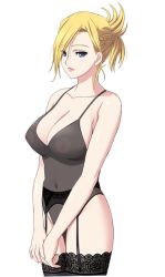 Rule 34 | 1girl, blonde hair, blue eyes, breasts, dungeon of regalias: haitoku no miyako ishgalia, earrings, game cg, garter belt, garter straps, hair up, jewelry, large breasts, lingerie, looking at viewer, m&amp;m, nipples, original, see-through, simple background, solo, standing, teddy (lingerie), thighhighs, underwear, white background