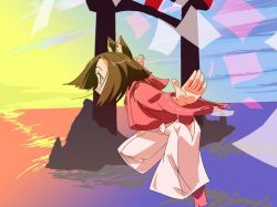 Rule 34 | 1girl, animal ears, cat ears, flying, japanese clothes, miko, ocean, outstretched arms, shokkin, solo, spread arms, torii